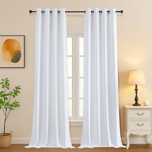 Image of Simplebrand Pure White Extra Long 10ft Curtains for Patio 120 Inches Long 2 Panels Set, Light Filtering Light Blocking Solid Thermal Insulated Energy Saving Grommet Noise Reducing Curtains, 50 Wx120 L