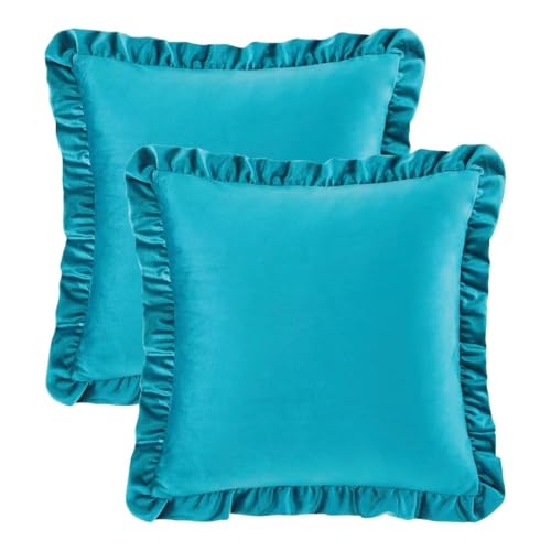 Image of Velvet Teal 20x20 Pillow Covers, Set of 5 Decorative Ruffle Cushoin Pillow Covers for Sofa Couch