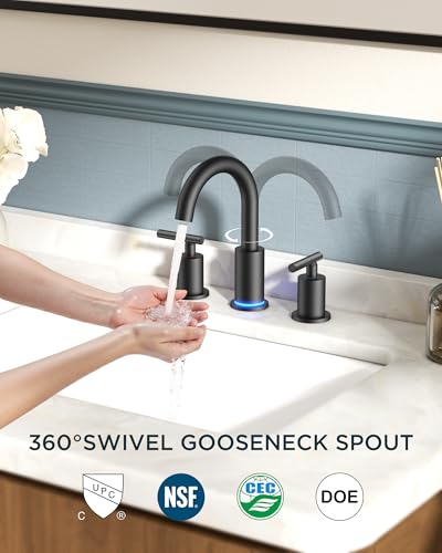 Image of FORIOUS LED Bathroom Faucet Black 3 Hole with Temperature Changing 3 Color Lights, 8 inch Widespread Matte Black LED Bathroom Sink Faucet 3 Hole with Pop Up Drain, Supply Lines, 360 Swivel Spout