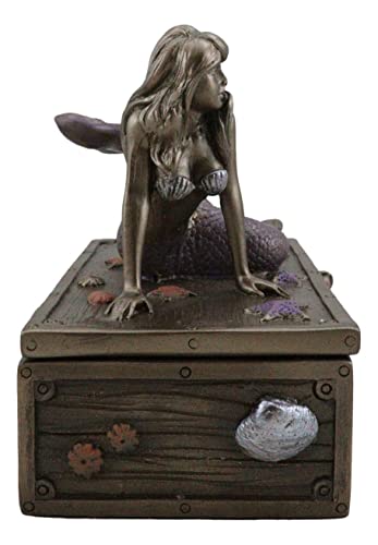 Ebros Gift Bronzed Resin Damsel Mermaid Ariel Resting On Starfish Corals Treasure Chest Decorative Jewelry Box Figurine 5"L Coastal Reef Marine Decoration Trinket #TOP4