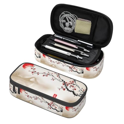 Image of Japanese Cherry Blossom Ink Painting Large Pencil Case, Pencil Pouch With Zipper Compartments Stationery Pencil Bag For Kids Teens Students School Supplies