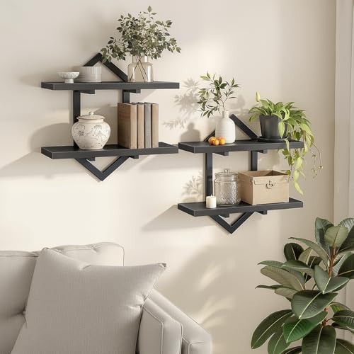 Image of HOOBRO Floating Shelves, 15 Inch Wall Shelf Set of 2, Wall Mounted Storage Shelves 2-Tier, Hanging Bathroom Shelves, for Living Room, Bedroom, Bathroom, Kitchen, Black BB13BJP201