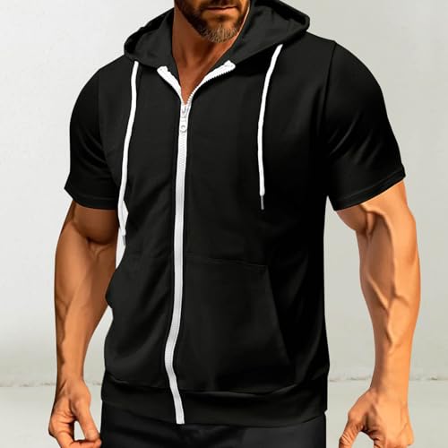 Mens Summer Casual Zip up Hoodie Shirts Short Sleeve Thin Jacket Full Zip Sweatshirt with Kangaroo Pocket2