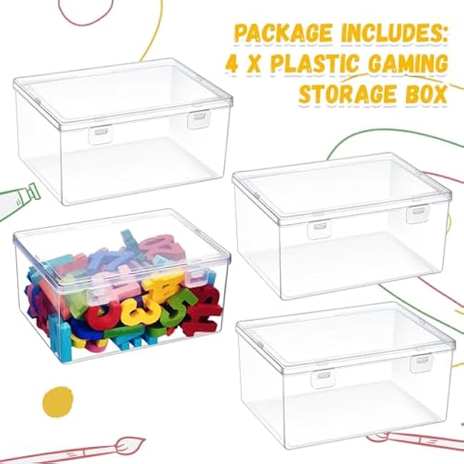 4 Pcs 7.09 x 5.2 x 3.43 Inch Clear Plastic Playroom and Gaming Storage Organizer Box Containers Stackable Storage Bins with Lids for Shelves or Cubbies, Holds Puzzles Building Blocks