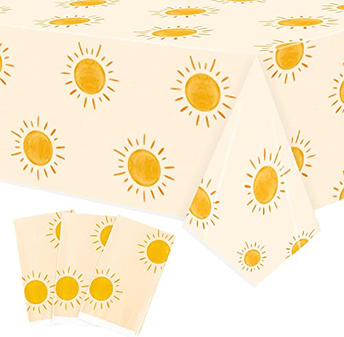 BeYumi 3Pcs Boho Sunshine Party Table Covers Hippie Sun Waterproof Tablecloths Disposable Plastic Rectangular Tablecloth First Trip Around Sun Birthday Party Supplies Picnic Garden Table Decoration