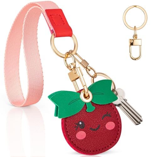 PSRAT Airtag Keychain Holder - Cute Kawaii Faux Leather Case 3-in-1 with Hidden Keychain Cover, Detachable Wrist Strap & Anti-Loss Hand Band, Anti-Scratch Protective Case for Airtag (cherry) - image 1