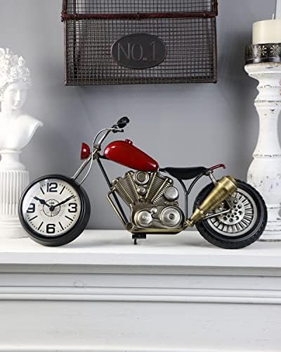Motorcycle Gifts for Men Vintage Desk Clock Tabletop Clock Rustic Farmhouse Decor Gifts for Dad Him Boyfriend Battery Operated No Ticking Antique For Mantle Shelf Decorations Living Room Office Red