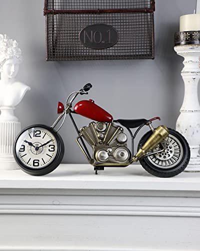 Motorcycle Gifts For Men Vintage Desk Clock Tabletop Clock Rustic Farmhouse Decor Gifts For Dad Him Boyfriend Battery Operated No Ticking Antique For Mantle Shelf Decorations Living Room Office Red #TOP2