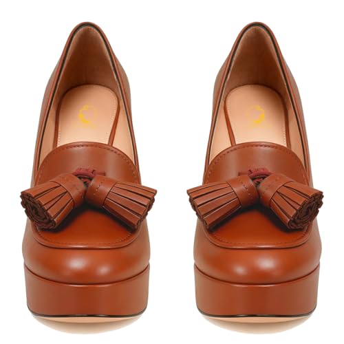 Image of SHODENSE Women Vintage Chunky Platform Loafers Pumps Tassel Round Closed Toe Slip On Suede Block High Heel Dress Loafer Shoes Buckle Strap Oxford Loafers Fringe Pump Dressy Chic Sexy Y2k 4-11 M US