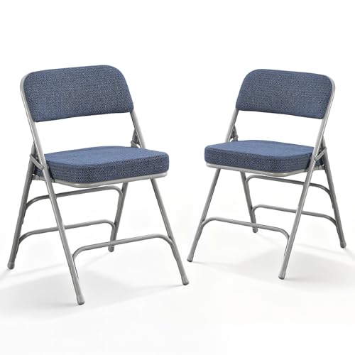 BOOSDEN Folding Chairs with Fabric Padded Cushion, Metal Frame Upholstered Foldable Dining Chairs, Portable Folding Office Chair, Stackable Folding Chair for Indoor & Outdoor Events (Blue, 2 Pack)
