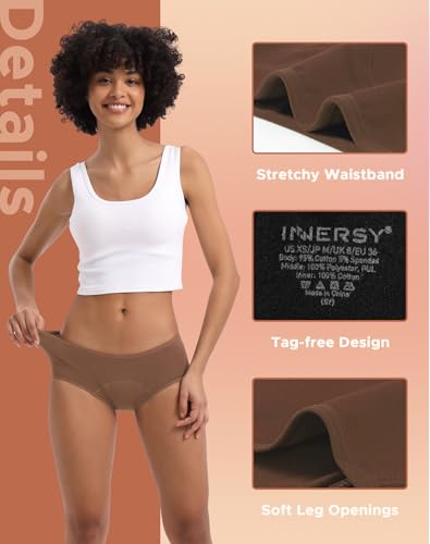 Image of INNERSY Women's Period Underwear Leak-Proof Menstrual Hipster Multipack | Cotton Panties, 20ml Absorbency, for Post-Period Spotting, Menstrual, or Daily Backup