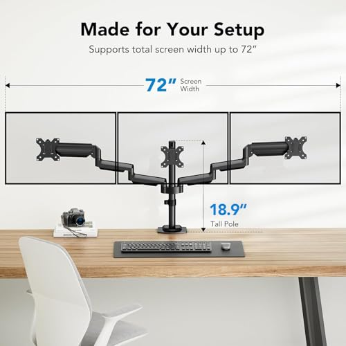 Image of HUANUO Triple Monitor Mount for 13-27 inch Computer Screens, Gaming 3 Monitor Desk Mount with Arm Holds 19.8lbs, Triple Monitors Stand with Tilt, Swivel, Rotation, VESA 75x75, 100x100mm