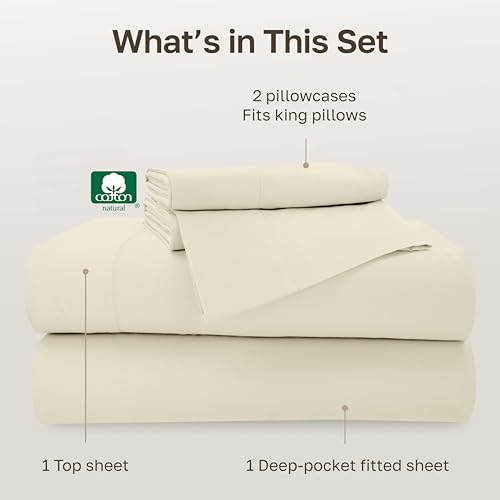 Image of California Design Den King Size Sheet Set - 100% Cotton, 500 Thread Count Sateen, Deep Pocket Bed Sheets with Fitted Elastic Sheet, Soft Luxury - Ivory (Creamy Beige Tone)
