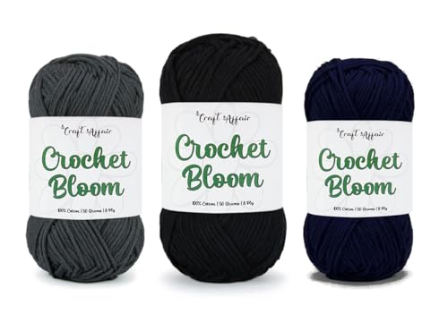 Image of Craft Affair | Crochet Bloom Cotton Yarn 8ply (Each Color 2mm, 77Meter, 50Gram) 100% Pure Cotton | for Knitting Yarn | Craft & DIY Project: Charcoal, Black, Navy Blue