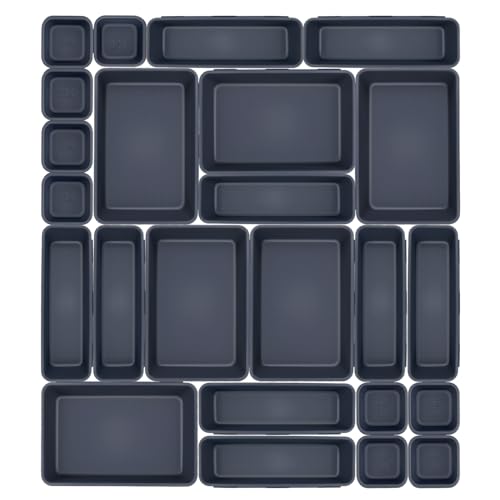 RVIKCMR Organizador Cajones Cajas Organizadoras Plástico 24 pcs Separadores de Escritorio Cajones Organizador Baño para Maquillaje, Joyas, Dormitorio, Baño, Oficina Escritorio, Cocina, Gris oscuro