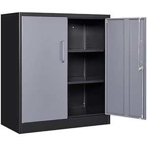 SISESOL Metal Storage Cabinet with Doors and Shelves,Garage Storage Cabinet with Lock,Black Grey Metal Cabinets with Locking Doors,Steel Cupboard for Home,Office,Garage Cabinets 36″ H