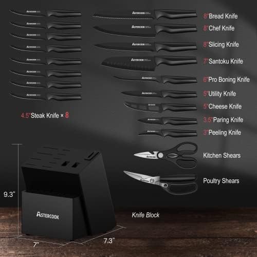 Knife Set, Astercook 21 Pieces Knife Sets for Kitchen with Block, Dishwasher Safe Kitchen Knife Set with Built-in Sharpener, German Stainless Steel Black Knife Block Set, Fathers Day Gift for Men - 1