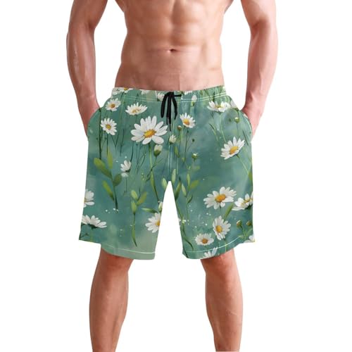 Men’s Swim Trunks Green Leaves White Flowers Beach Board Shorts Swimming Short Pants Running Sports Surffing Shorts2