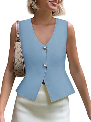 Image of Yousify Womens Sweater Vest V Neck Button Down Crop Knit Tank Top Fashion 2025 Sleeveless Basic Cardigans