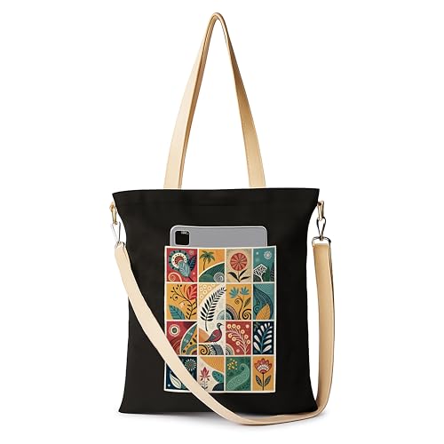 Image of ZORI Black Sling Tote Bag With Pocket and with Beige Straps, Tote Bags For Women large capacity,Tote bag For Shopping, College, Travel, More Canvas Handbag For Unisex