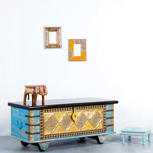 Image of Funi Wooden Trunk Box for Storage | Solid Wood Coffee Table for Living Room | Handcrafted Center Tea Table with Sandook Storage for Living Room | Pitara for Home and Bedroom (Blue Distress)