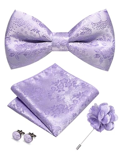 JEMYGINS Floral Pre-tied Lavender Bow Tie and Pocket Square Cufflinks Lapel Pin Sets for Men(35)