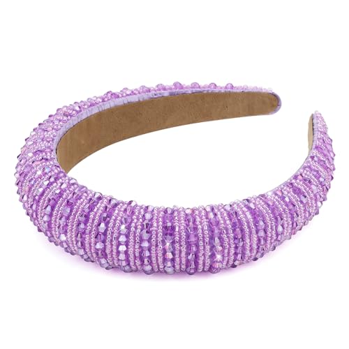Wecoe Purple Padded Headband with Rhinestones - Fancy Bling Diamond Sparkle Crystal Beaded Hair Band for Women and Girls, Holiday Hair Accessories, Comfortable and Soft