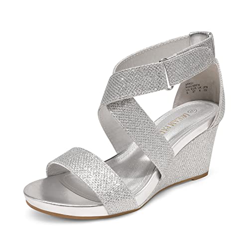 DREAM PAIRS Women's Elastic Ankle Strap Wedge Sandals 6.5 Silver/Glitter