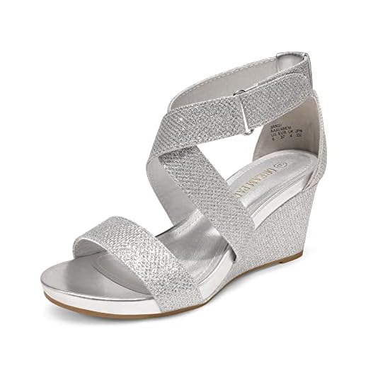 DREAM PAIRS Women's Sandi Ankle Strap Open Toe Wedges Sandal,Silver, Size 9.5