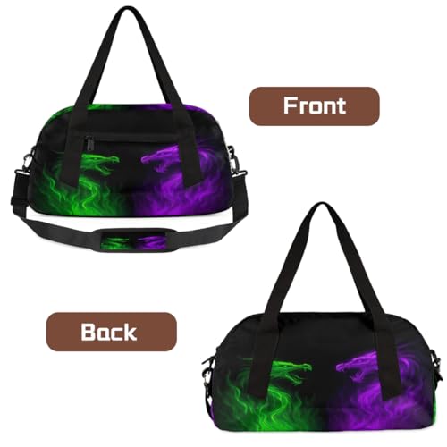 Abstract Green Purple Fire Dragon Kids Duffle Bag, Small Lightweight Travel Sports Bag for Boys Girls, Overnight Weekender Tote, Gym Carry On Bag for School Sports Sleepover4