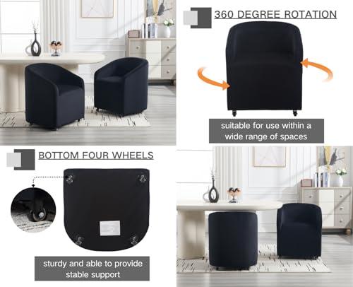 CIMOTA Black Barrel Dining Chairs with Swivel Casters Set of 2 Modern Accent Upholstered Dining Room Chairs Contemporary Armchair Side Chairs for Living Room/Kitchen, Velvet Black