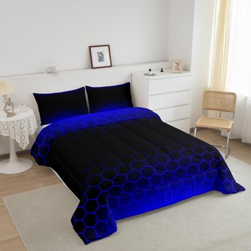 Image of Blue Black Ombre Honeycomb Bedding Set Twin Size, Geometrics Hexagon Comforter Abstract Blue and Black Comforter Set for Kids Toddler Beehive Hexagon Duvet Set Durable Bed Set 2Pcs