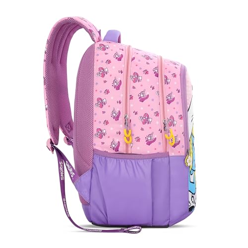 Image of American Tourister The Smurf with Durable Polyester Backpack for Girls /Official Smurfs Collection /Spacious 3 Compartments with Front Pocket /Adjustable Padded Straps for School, Picnic- Pink /Purple