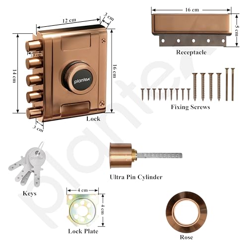 Image of Plantex Stainless Steel Deadbolt Lock /Pentabolt Main Door Lock /5-Point Security Door Lock Set with Anti Theft Mechanism - 5 Years of Warranty (PVD Rose Gold)