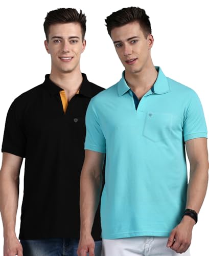 Image of Lux Cozi Men Cotton Regular Fit Polo Neck Half Sleeve Solid Casual T-Shirt with Chest Pocket | Pack of 2 |