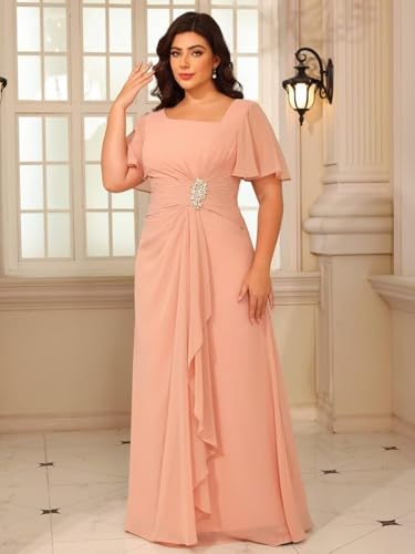Women's Chiffon Mother of The Bride Dresses for Wedding with Sleeves Ruffle Aline Formal Evening Gowns4