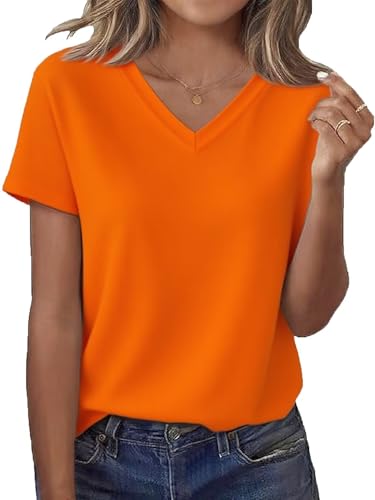 DANVOUY Womens V Neck Tees Casual Summer Solid T Shirts Short Sleeve Tops Orange Large