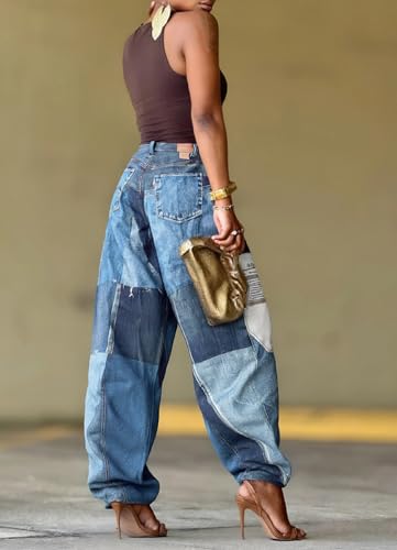 Women Blue Denim Jeans High Waist Vintage Patchwork Jeans Straight Wide Leg Stretch Barrel Horseshoe Baggy Trousers4