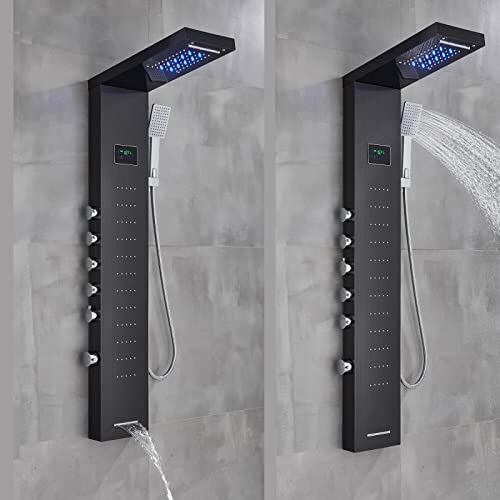 Panel de ducha LED con torre de masaje y jets corporales, sistema de lluvia y cascada en acero inoxidable negro con ducha de mano miniatura 3