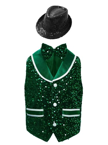Kids Boys Velvet Sequin Vest Sleeveless Jazz Dance Jacket Girls Shiny Button Waistcoat with Bowtie and Hat