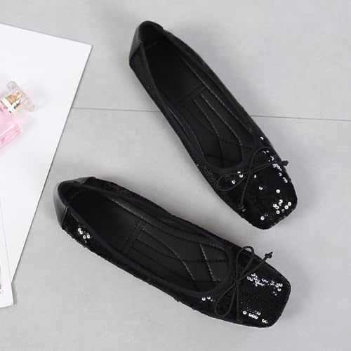 JiangWei Shu Women's Bow Knot Ballet Flats Sequins Sparkle Slip On Dress Elegant Lady Wedding Shoes, Black US 8.52