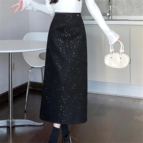 Women Wool Blend Skirt Winter High Waist Bodycon Sparkle Sequin Back Slit Pencil Skirt2