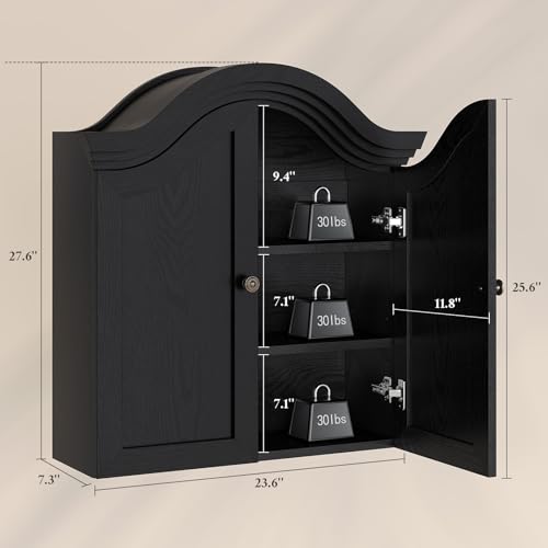 Armario de pared para baño, negro | con arco ondulado en la parte superior, estante ajustable, almacenamiento sobre el inodoro, puerta rebajada, botiquín miniatura 2