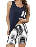 TeJoyce Pijama Corto de Algodón para Mujer de Verano, Ropa de Dormir de Dos Piezas, Conjunto Sin Mangas de Tirantes y Shorts de Rayas, Ropa de Casa Cuave y Cómoda S-XXL