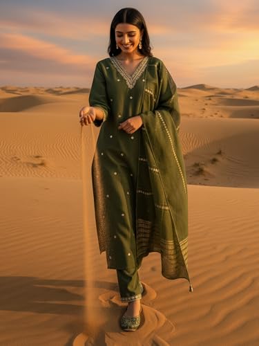 Image of INDO ERA Women's Viscose Self Design Straight Kurta with Pant & Dupatta Set