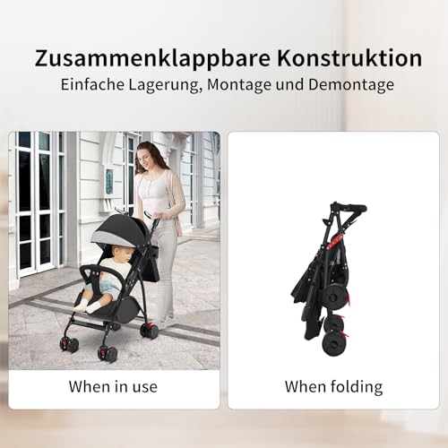 OHMG Reisebuggy flugzeug handgepäck,Kinderkraft Kinderwagen,Leichte Reise Buggy,Liegeposition, Kleine Maße nach Zusammenklappen,Vergrößerbares Verdeck,Für Geburt, bis 22 kg (A-Schwarz)