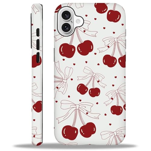 ilikediy for iPhone 16 Case,HH2 Red Cherry Bows Hybrid 2 Layer Hard Shell Silicone Protective Pattern Design Case