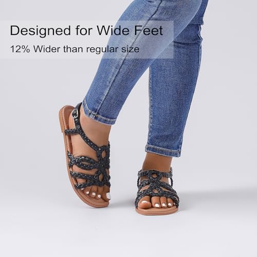 Image of Ruiee Wide Width Sandals for Women, Summer Flat Slides Casual Braided Wide Feet Sandal Comfort Slip on Sandals Open Toe Beach Shoes for Women.
