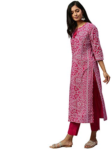 Image of ishin Women's Pure Cotton Pink Printed Straight Kurta Trouser Set