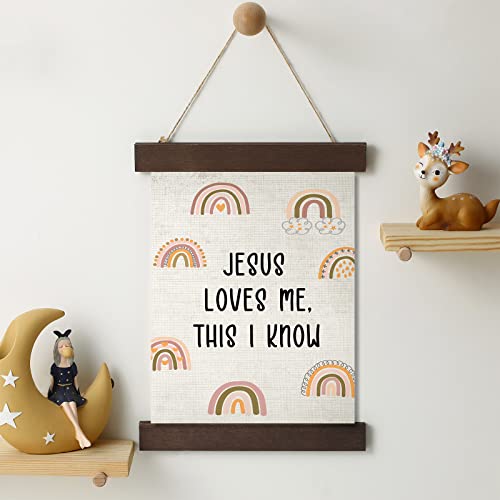 Oudain OUDAIN-CANVAS-054 Boho Rainbow Nursery Wall Decor Baptism Gift For Girls Jesus Loves Me This I Know Christening Baby Hanging Canvas Wooden Dedication thumb #2